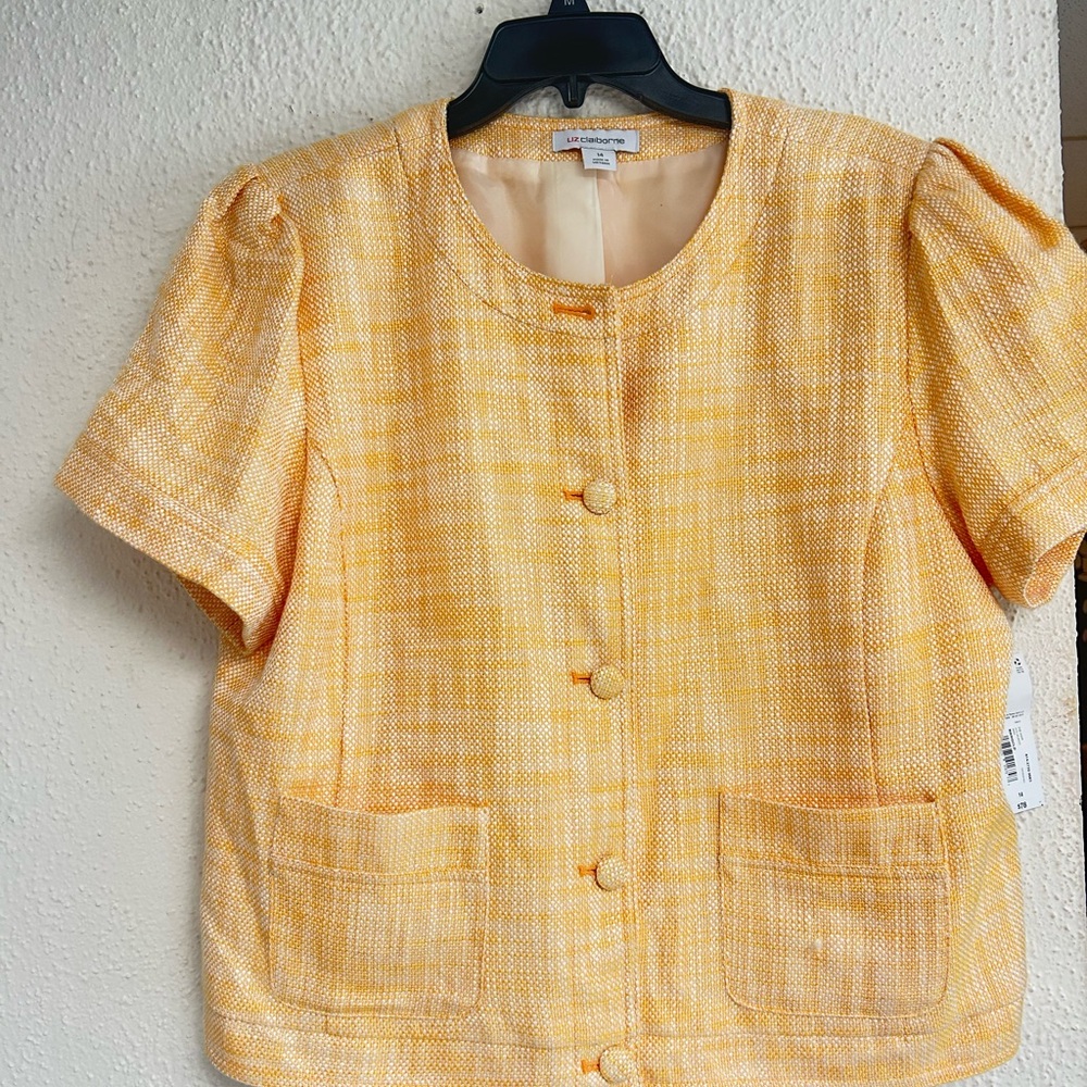 Liz Claiborne Women Marigold Full Lined Short Sleeve Classic Tweed Blazer 14 NWT